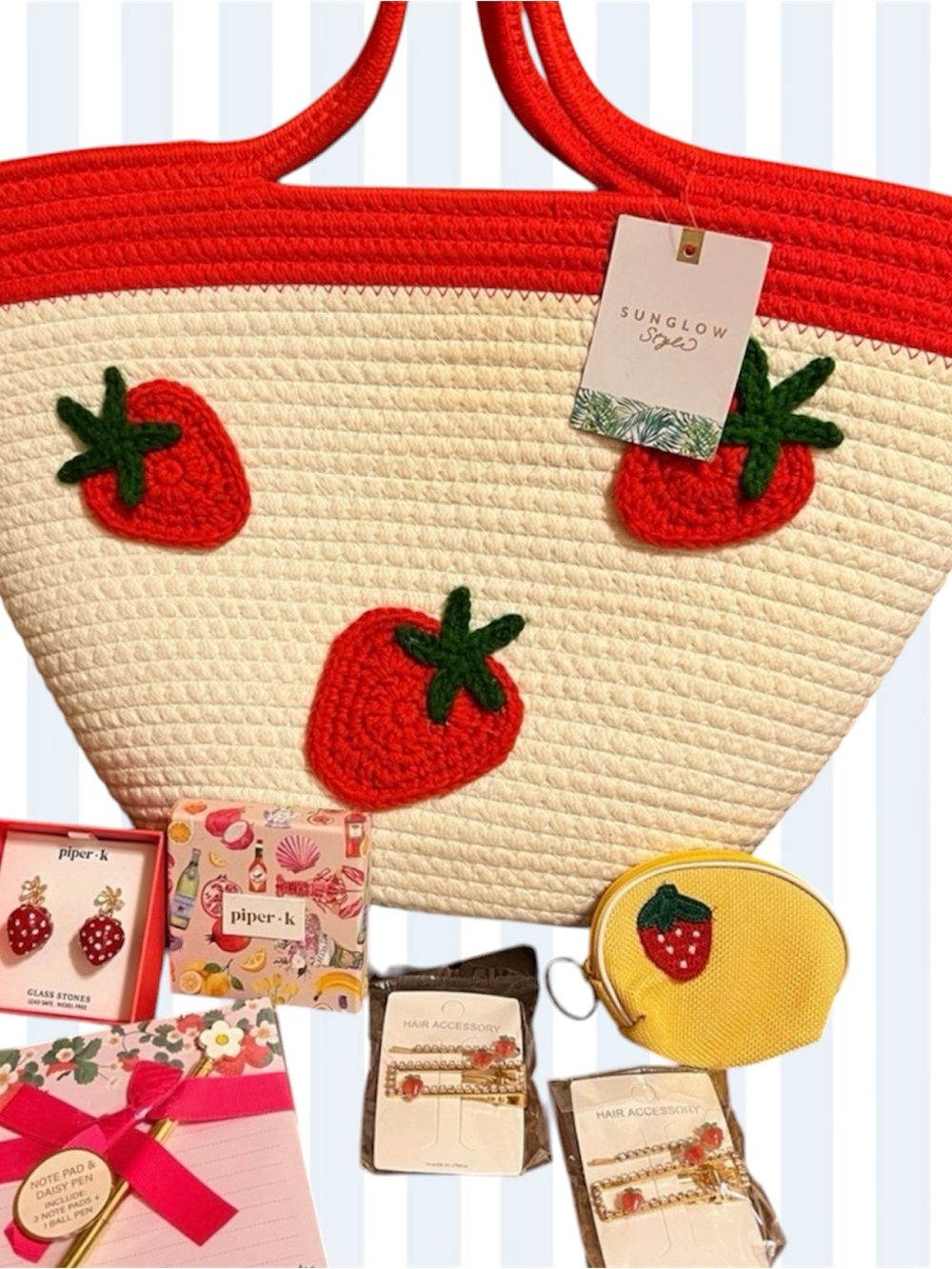 Bundle-Strawberry Tote Bag, K Piper Earrings, Stationery, Coin purse, Hairclips